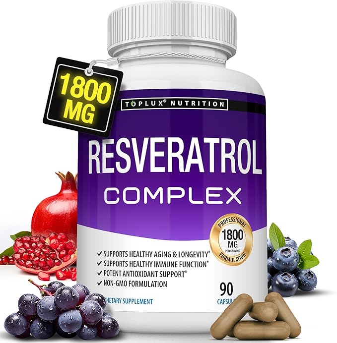 Resveratrol Supplement 1800 mg Antioxidant Complex - Highly Potent Natural Trans-Resveratrol Pills for Healthy Aging Overall Health Support Immune System Brain Function for Men Women 90 Capsules