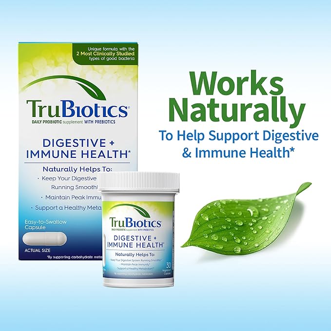 TruBiotics Probiotics for Digestive &amp Immune Health Supports Regularity &amp Helps Relieve Abdominal Discomfort Gas &amp Bloating 2 Clinically Studied Probiotic Strains Plus Prebiotics 60 C