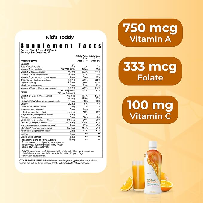 Youngevity Kid's Toddy™ - Mega Multivitamin for Kids &amp Children Age 2+ - 14 Vitamins 10 Minerals Phytonutrient Blend - Highly Absorbable - Great Tasting Orange 32 Fl Oz (Pack of 2)