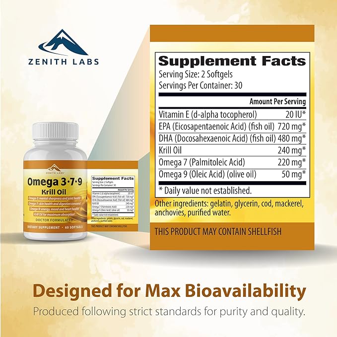 Zenith Labs Omega 379 with Krill - Combines EPA DHA Omega-7 and Omega-9 - Includes Krill Oil for Max Absorption