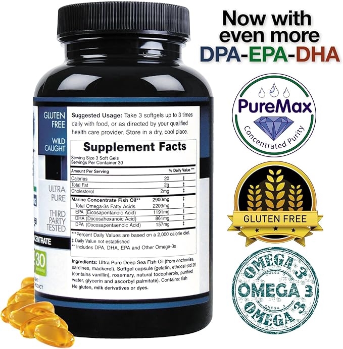(Pack of 2) Natural Antarctic Wild Caught Omega 3 Fish Oil DPA-EPA-DHA Supplement 2900 Milligrams Triple Strength Ultra Pure Concentrated SoftGels - No Fish Tasting Burps