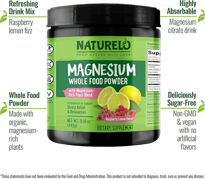 NATURELO Magnesium Powder - Whole Food Calm Magnesium Powder with Quinoa Cauliflower &amp Flaxseed for Stress Relief Raspberry Lemon 85 Servings 15oz (Pack of 2)