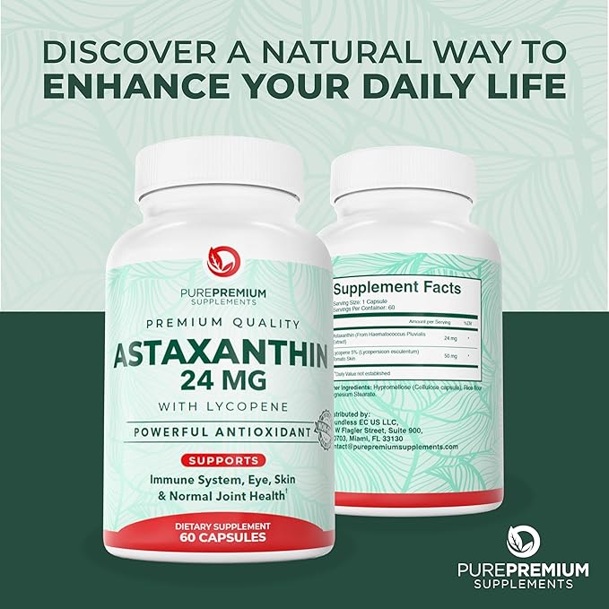 PurePremium Astaxanthin Supplements - Astaxanthin 24mg with Lycopene 50mg Antioxidants Supplement for Skin &amp Eye Health &amp Immune System Support – Non-GMO - 60 Count 2 Month Supply