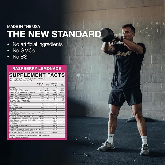 RAW Pre Workout Powder Thavage (Raspberry Lemonade) - Chris Bumstead Sports Nutrition Supplement for Men &amp Women - Cbum Pre Workout for Working Out Hydration Mental Focus &amp Energy - 40 Serv