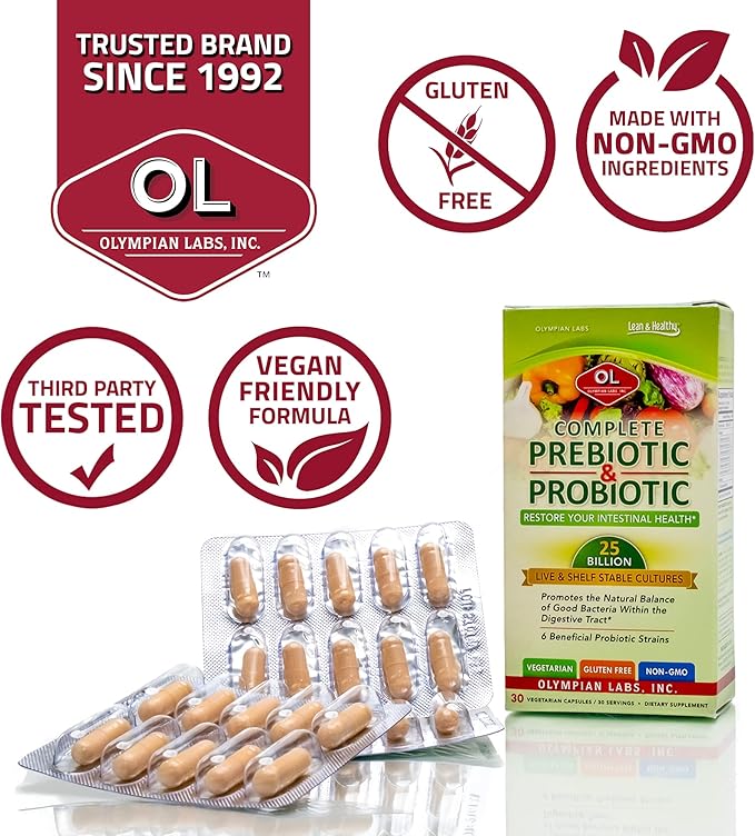 Olympian Labs Complete Prebiotic and Probiotic Supplement - 25 Billion Live Shelf Stable Cultures - 30 Vegetarian Capsules Helps Restore the Natural Balance Within the Digestive Tract.