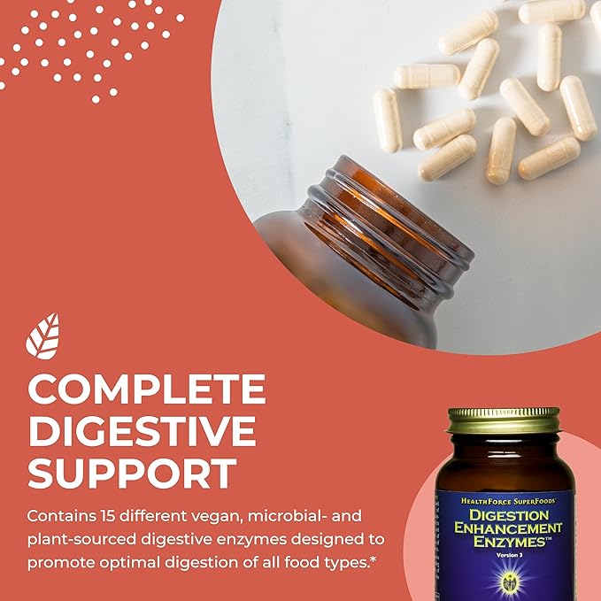 HealthForce SuperFoods Digestion Enhancement Enzymes- All Natural Plant Sourced Enzyme Supplement Promotes Healthy Gut - Gluten Free 120 Count (Pack of 1)