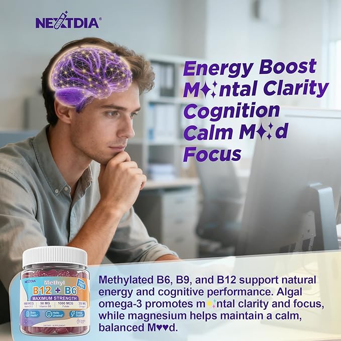 Vitamins B12 &amp B6 Gummies Boost Energy w/Methyl B12 1000mcg L-Methylfolate B6 Omega-3 DHA Magnesium | Methylated B-Complex Multivitamin Supplement for Brain Function &amp Methylation Vegan