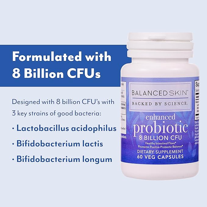Enhanced Probiotic – 8 Billion CFU | Daily Gut &amp Skin Support Supplement – 3 Targeted Strains for Digestive Balance &amp Skin Health | 60 Vegetarian Capsules | Non-GMO*