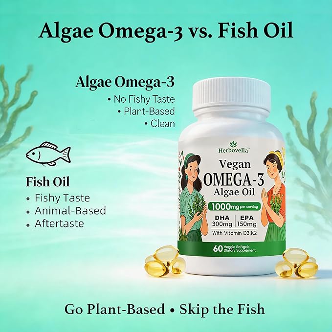 Vegan Omega 3 Softgels from Algae Oil – Fish Oil Alternative DHA 300mg EPA 150mg with Vitamin D3 K2 No Fishy Taste Plant-Based Omega-3 Supplement
