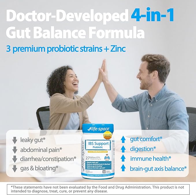 Life-Space IBS Support Probiotic Clinically Poven to IBS Relief 4 in 1 Probiotics for Women and Men 27 Billion CFU Supports Reduce Symptoms of IBS Include Bloating Gas &amp Diarrhea 30 ct