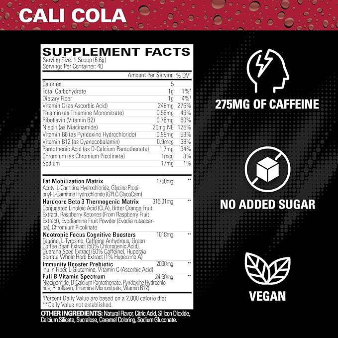 EHP Labs OxyShred Hardcore Super Dosed Pre Workout Powder - Preworkout Powder with L Glutamine &amp Acetyl L Carnitine Energy Boost Drink - 275mg of Caffeine - Cali Cola 40 Servings