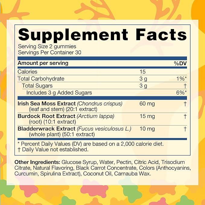 TrueSeaMoss Irish Sea Moss Gummies with Burdock Root &amp Bladderwrack – Formula for Adults &amp Kids – 60 Gummies (Packaging May Vary)
