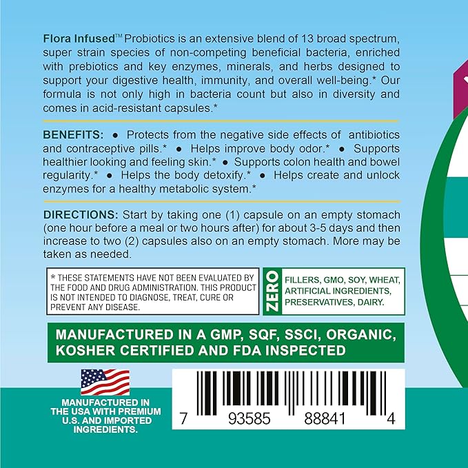Life Infused Flora Infused Probiotics with Prebiotics – 60 Billion CFU 13 Strains + Enzyme Blend for Digestive &amp Gut Health Support Bloating &amp Regularity Support Shelf Stable Probiotic – 60