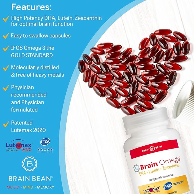 Brain Omega with Lutein and Zeaxanthin – Omega 3 Supplement for Brain Heart &amp Eye Health – 460 mg DHA 90 mg EPA Lutein and Zeaxanthin Supplements – 180 Softgels (90 Servings)