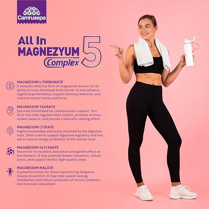 All in Magnezyum Complex 5 – Five Forms of Magnesium (L-Threonate Taurate Citrate Glycinate Malate) - Supports Muscle Function Nerve Support &amp Energy Production – 60 Tablets