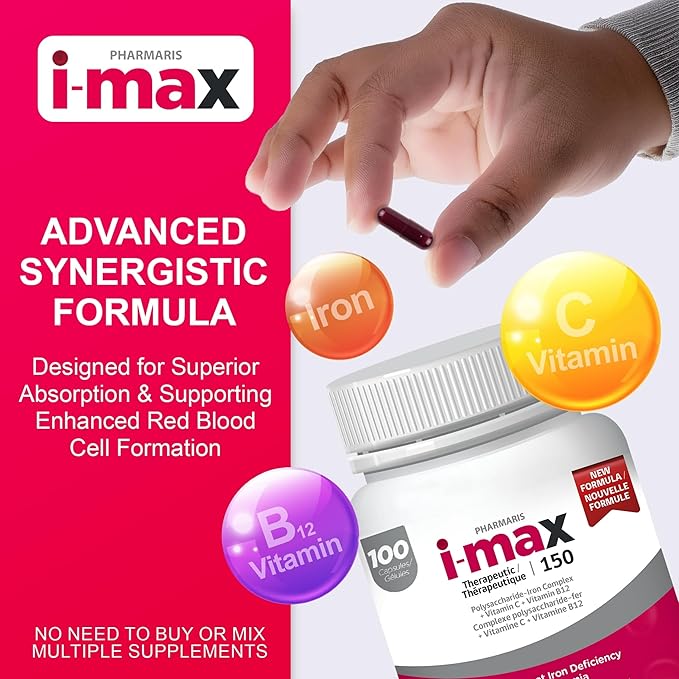 Pharmaris i-max Iron Supplement 150 mg Vitamin C 250 mg &amp B12 1000 mcg Iron Supplement Treatment for Women &amp Men Once Daily 100 Capsules