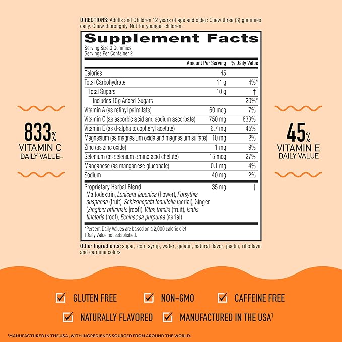 Airborne 750mg Vitamin C Gummies for Adults Immune Support Gummies with Powerful Antioxidants VIT C &amp E Caffeine Free - 2x63ct Bottle (42 Servings) Assorted Fruit Flavor