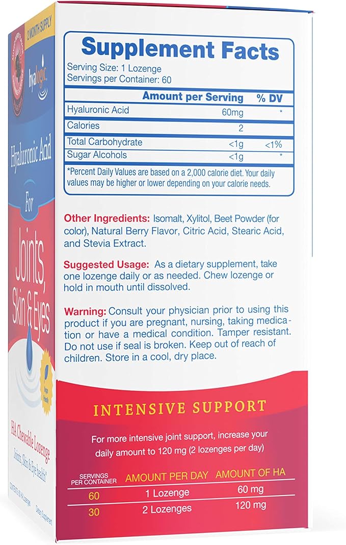 Hyalogic Hyaluronic Acid Chewable Lozenge - Chewable Tablets for Joints Skin Care &amp Eyes – Vegan Sugar-Free and Berry Favored Hyaluronic Acid Supplements (60 Count)