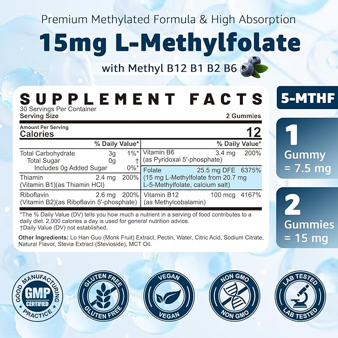 L-MethylFolate 15mg &amp Methyl B12 Gummies Methylated B1 B2 B6 Multivitamins - Active 5-MTHF &amp High Absorption - Supports MTHFR Gene Cognition Homocysteine Levels Folate Metabolism Vegan