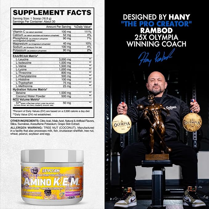 Evogen Amino K.E.M. - EAA &amp BCAA Powder Pump Volumizer | BCAAs Amino Acids Supplement for Blood Flow Muscle Growth &amp Hydration | BlackBerry Lemonade | 30 Servings
