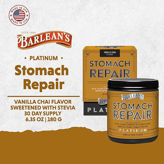 Barlean's Stomach Repair Gut Health Powder Supplement Fiber and Digestive Support Supplements Blend for Detox and Cleanse Vanilla Chai Drink Mix 6.35 oz