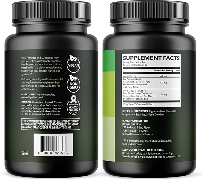 L-Arginine 500mg and Saw Palmetto 500mg - Nitric Oxide and Prostate Health Supplements for Men - 60 Count - Endurance and Urinary Tract Function Support - 1 Month Supply - Vegan Non-GMO Capsules