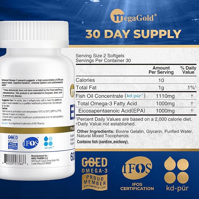 Fish Oil Omega 3 Supplements EPA 1000mg - Omega-3 Fatty Acids 1000mg Burpless Fish Oil for Men &amp Women Pure Concentrated Supplement - 60 Mini Softgels