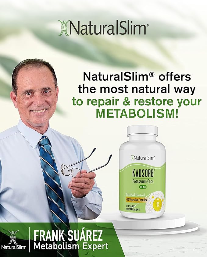 NaturalSlim Natural Potassium Citrate Gluconate 99 mg - Kadsorb Supports Electrolyte Balance &amp Normal pH - Absorbable Potassium Supplements with Essential Minerals - Non GMO 400 Capsules 1 Pack