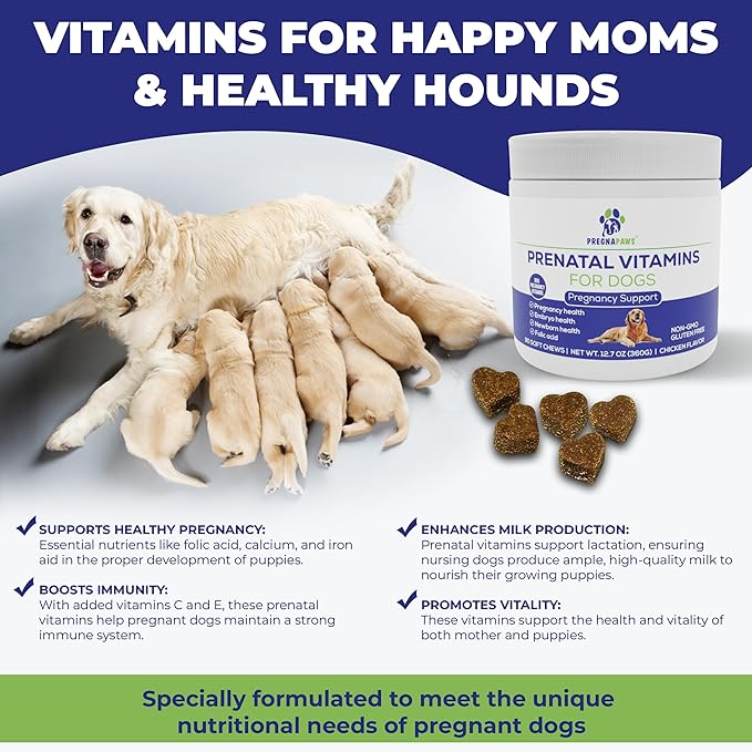 Dog Prenatal Vitamins - Supports Healthy Pregnancy Puppy Development &amp Lactation - Rich in Folic Acid Iron &amp Calcium - Advanced Prenatal Supplement for Pregnant and Nursing Dogs - 90 Soft Ch