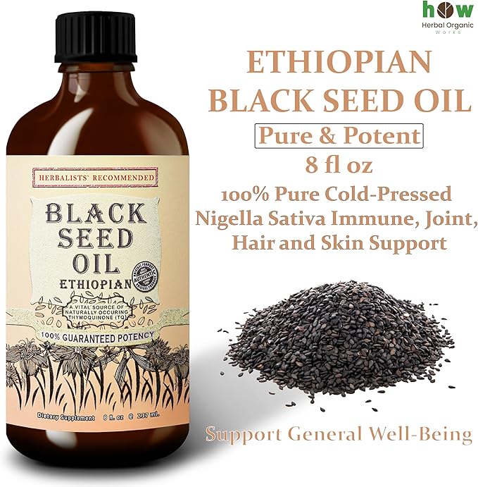 Ethiopian Black Seed Oil 8oz – Cold Pressed Nigella Sativa | High Thymoquinone 3.45% Black Cumin Seed Oil | 100% Pure Unrefined Liquid | Immune Skin Hair &amp Digestive Support | Glass Bottle