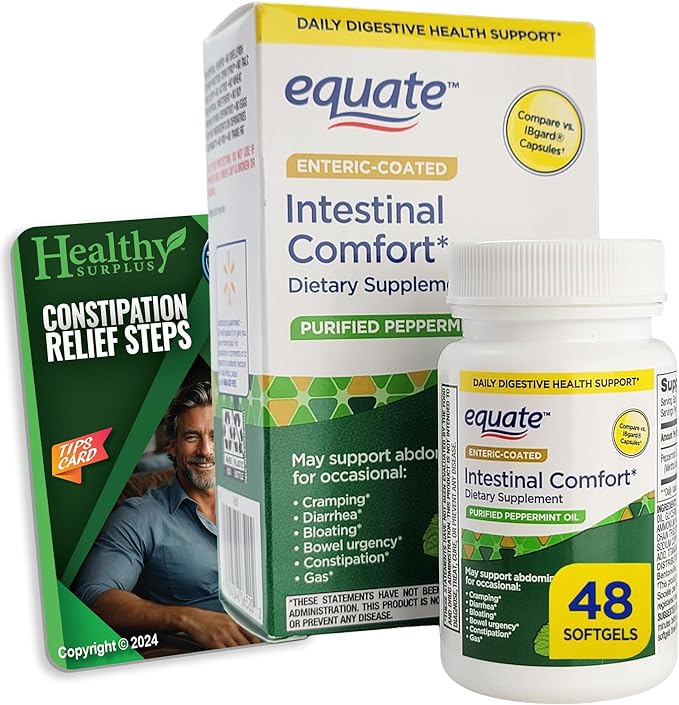 Equate Peppermint 48 Softgels 180 mg - Daily Digestive Health Support and Vital Volumes Tips Card