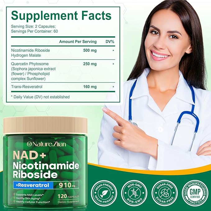 NAD Supplement - NAD+ Nicotinamide Riboside 910 Mg Supplement for Women &amp Men Liposomal Nicotinamide Riboside with Resveratrol for Focus Boost - 120 Capsules (120 Count (Pack of 1))