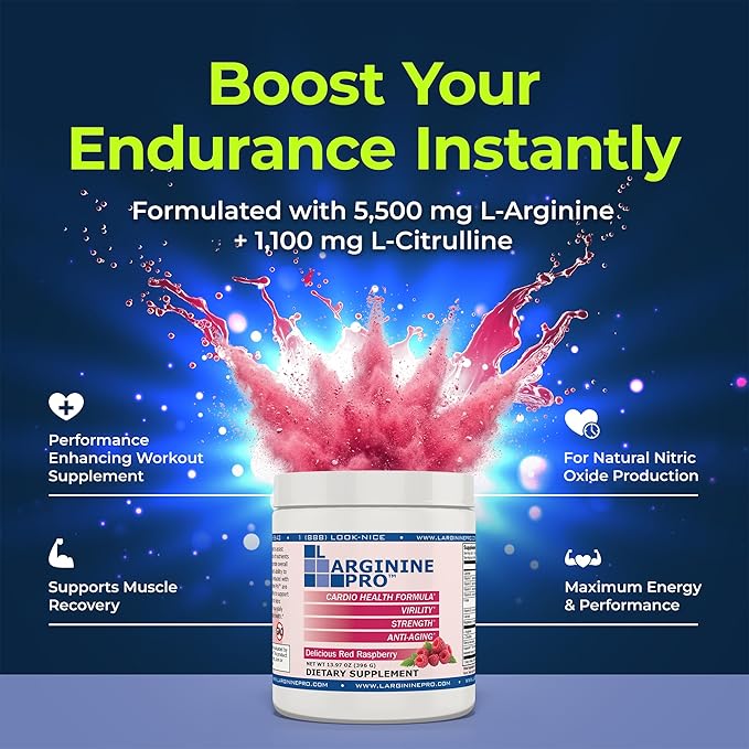 L-ARGININE PRO | L-arginine Supplement Powder | 5500mg of L-arginine Plus 1100mg L-Citrulline (Raspberry 3 Jars)