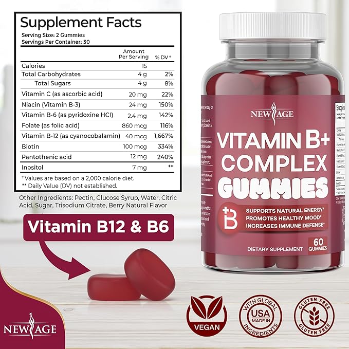 NEW AGE Vitamin B Complex Gummies with Vitamin B3 B5 B6 B7 B9 &amp B12 – with Biotin Folic Acid &amp Vitamin C – Gluten-Free Vegan Made in The USA! (60 Count (Pack of 1))