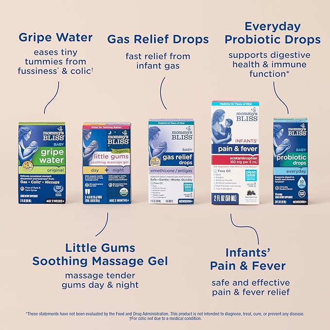 Mommy’s Bliss Ultimate Baby Gift Set | Gripe Water Probiotic Drops Pain &amp Fever Medicine Gas Relief Drops and Gum Massage Gel