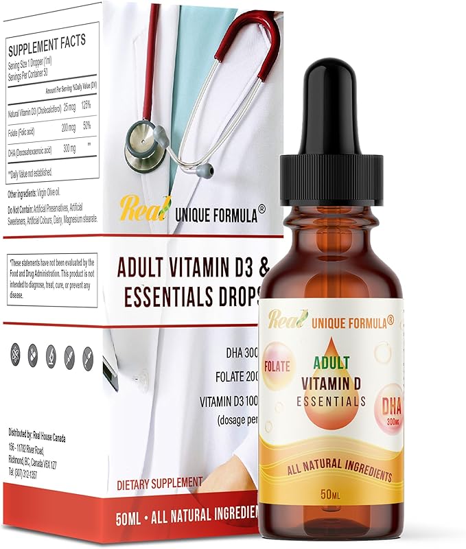 Adults Health Essentials Drops - Liquid DHA Omega 3 Natural Vitamin D3 1000 IU Folate Supplement Supports Heart Brain Eyes &amp Joint Health Supplement for The Whole Family