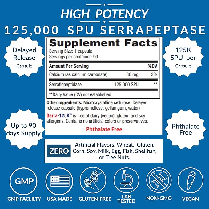 New Serra-125k Serrapeptase Enzyme 125000 SPU Per Capsule - 90 High Potency Delayed Release Caps Up to 6X More Potent Than Other Serrapaptase - Extra Strength Non-GMO Gluten Free Vegan (Pack of 3)