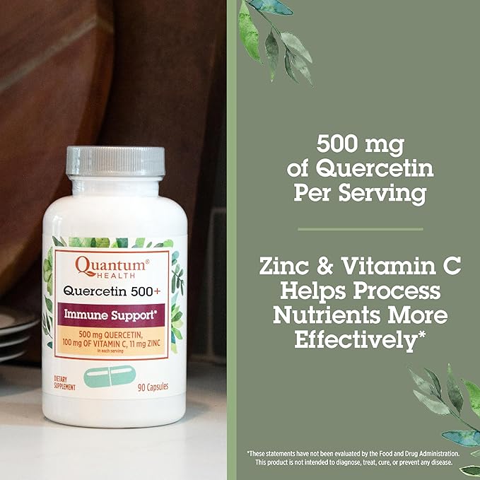 Quantum Health Quercetin+ 500mg Powerful Immune Support Supplement with Zinc 11 mg &amp Vitamin C 100 mg - Seasonal Immunity Boost Respiratory Health &amp Gut Support Complex for Women &amp Men -