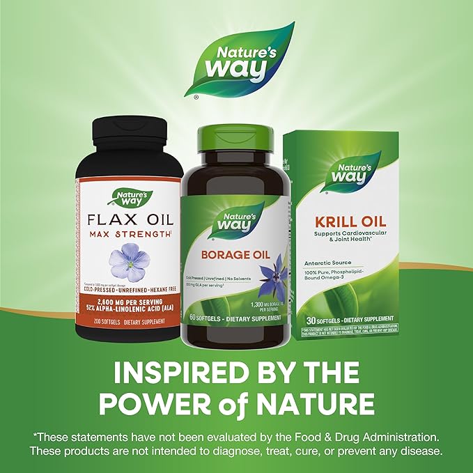 Nature's Way Borage Oil Supplements Cold Pressed &amp Unrefined 300 mg GLA and 440 mg Linoleic Acid per Serving 60 Softgels (Packaging May Vary)