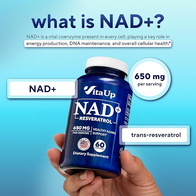 NAD+ Resveratrol Supplement - USA Made Trans Resveratrol NAD Supplement 650mg - Nicotinamide Adenine Dinucleotide Capsules for Healthy Aging Energy &amp Focus Support - 60 Count
