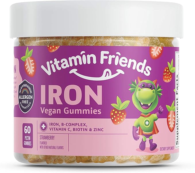 Vitamin Friends - Vegan Multivitamin &amp Iron for Kids - Daily Nutritional Support Gummies w/Ferrous Fumarate B-Complex Vitamin C Zinc Biotin - Body Function &amp Anemia - Strawberry (60 Day Su