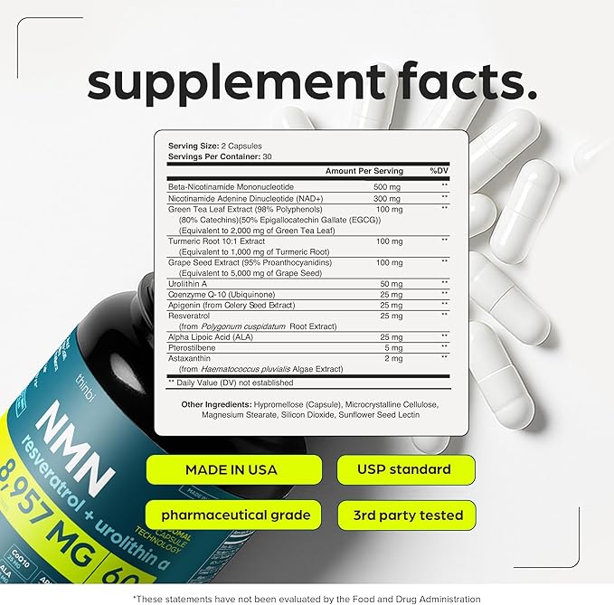 NMN Supplement 8957mg with Real NAD+ Not Just a Booster | Urolithin A Resveratrol CoQ10 Alpha Lipoic Acid Green Tea Extract | Cellular Longevity &amp Energy Support for Men &amp Women