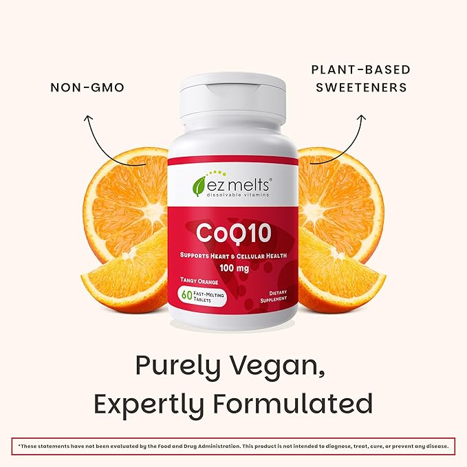 EZ Melts Coq10 - Antioxidant Supplement for Heart Immune &amp Energy Support - No Artificial Flavors - Non-GMO &amp Vegan - Tangy Orange - 60 Dissolvable Tablets (60 Servings)