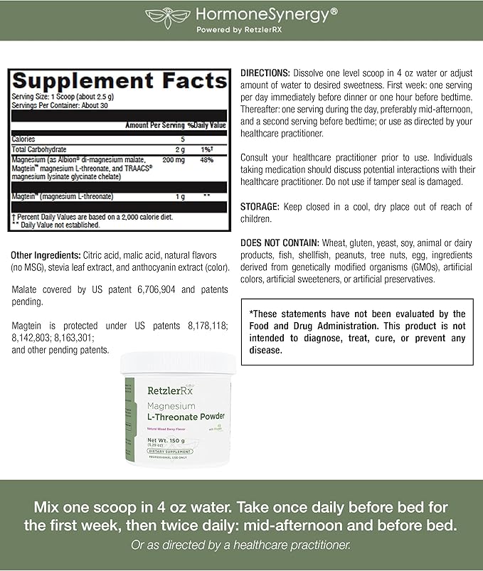 HormoneSynergy Magnesium L-Threonate Powder with Magtein - Brain-Supporting Magnesium Threonate Complex - Mixed Berry Gluten-Free Supplement for Cognitive Health - 60 Servings