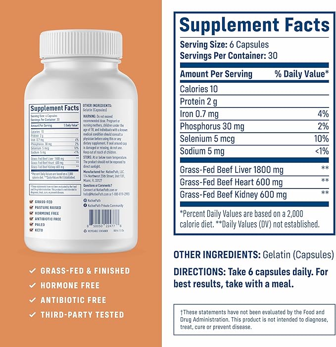 NativePath Grass Fed Beef Organ Complex - Liver Heart Kidney Supplement for Energy &amp Immune Support - New Zealand Sourced 30 Servings