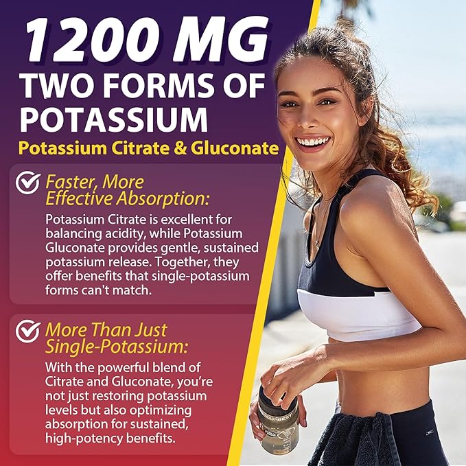 Potassium Citrate and Potassium Gluconate Supplement 1200mg Two Forms of Potassium Gummies w/Magnesium Omega-3 Calcium Vitamin D3 K2 B12 E B6 Folate for Mṵṣḉḷḙ Nerves Health Bones 120Cts