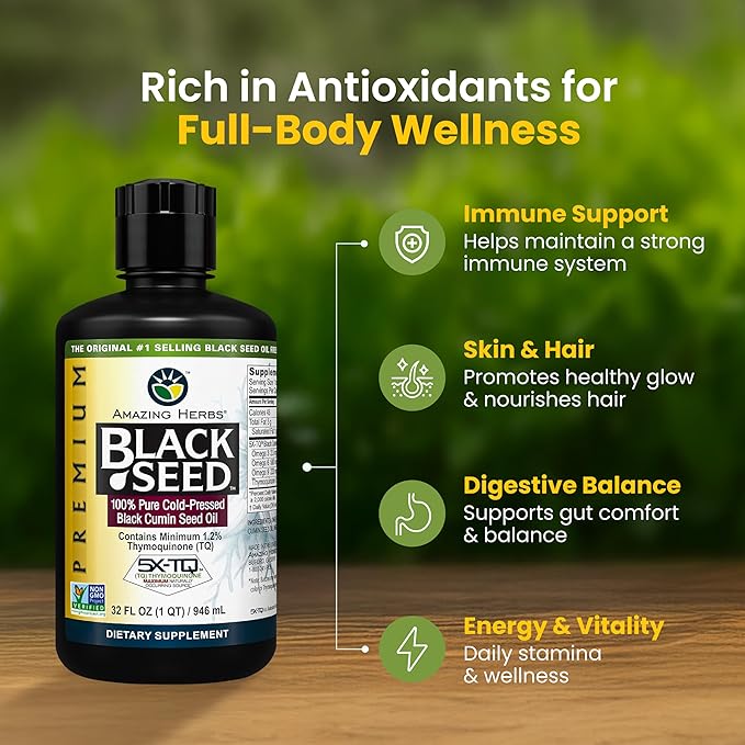 Amazing Herbs Premium Black Seed Oil - Cold Pressed Nigella Sativa Aids in Digestive Health Immune Support Brain Function Joint Mobility Gluten Free Non GMO - 32 Fl Oz (Pack of 2)