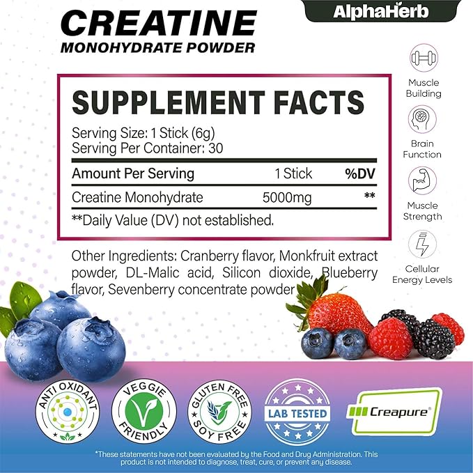 Creatine Monohydrate Powder – Creapure® German-Sourced Mixed Berry Flavour 30 Stick Creatine Packs 5000mg Each | No Sugar No Fillers Gluten-Free