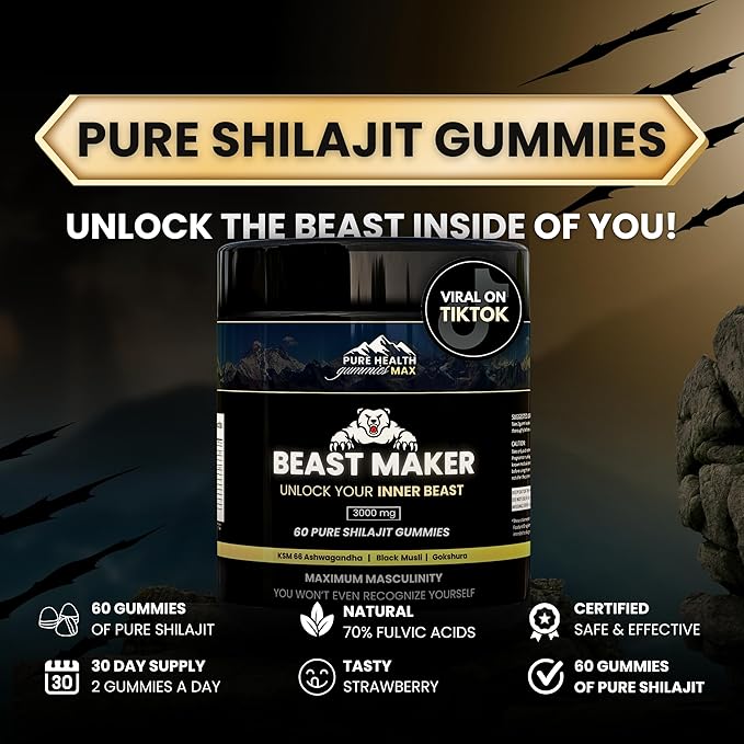 Beast Maker - Pure Shilajit Gummies for Men | Natural Himilayan Organic Shilajit Authentic Male Enhancement Supplement with Ashwagandha Black Musli Gokshura | 60 Gummies