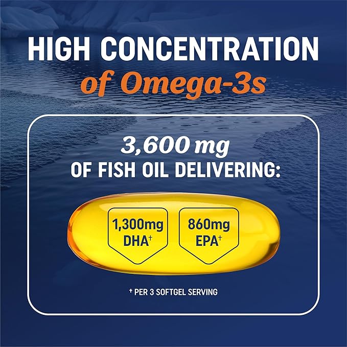 Triple Strength Omega 3 Fish Oil 3600 mg | EPA &amp DHA | Over 2100mg Omega-3 Fatty Acids | 1300mg EPA + 860mg DHA | Best Essential Fatty Acids | Premium Wild Caught &amp Burpless Fish Oil | 180 Ct